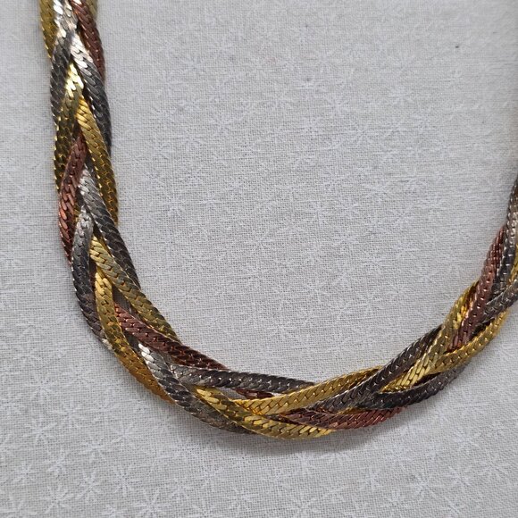 Tri-Color Braided Necklace With Silver/Gold/Copper-Tone Twist Barrel Clasp - Picture 2 of 6